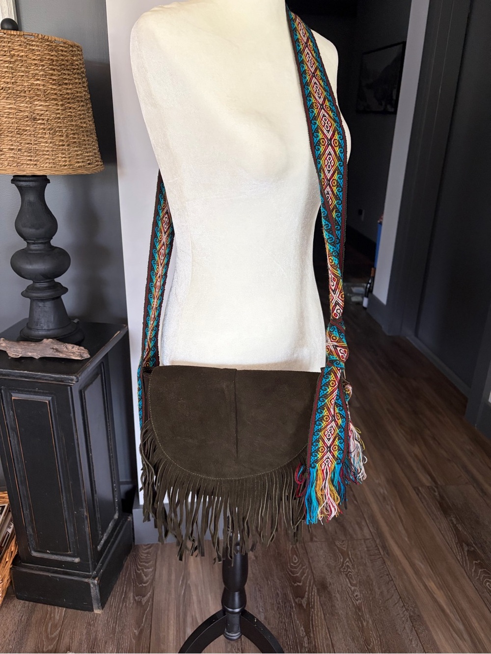 Olive Fringe Crossbody Bag with Multicolor Strap